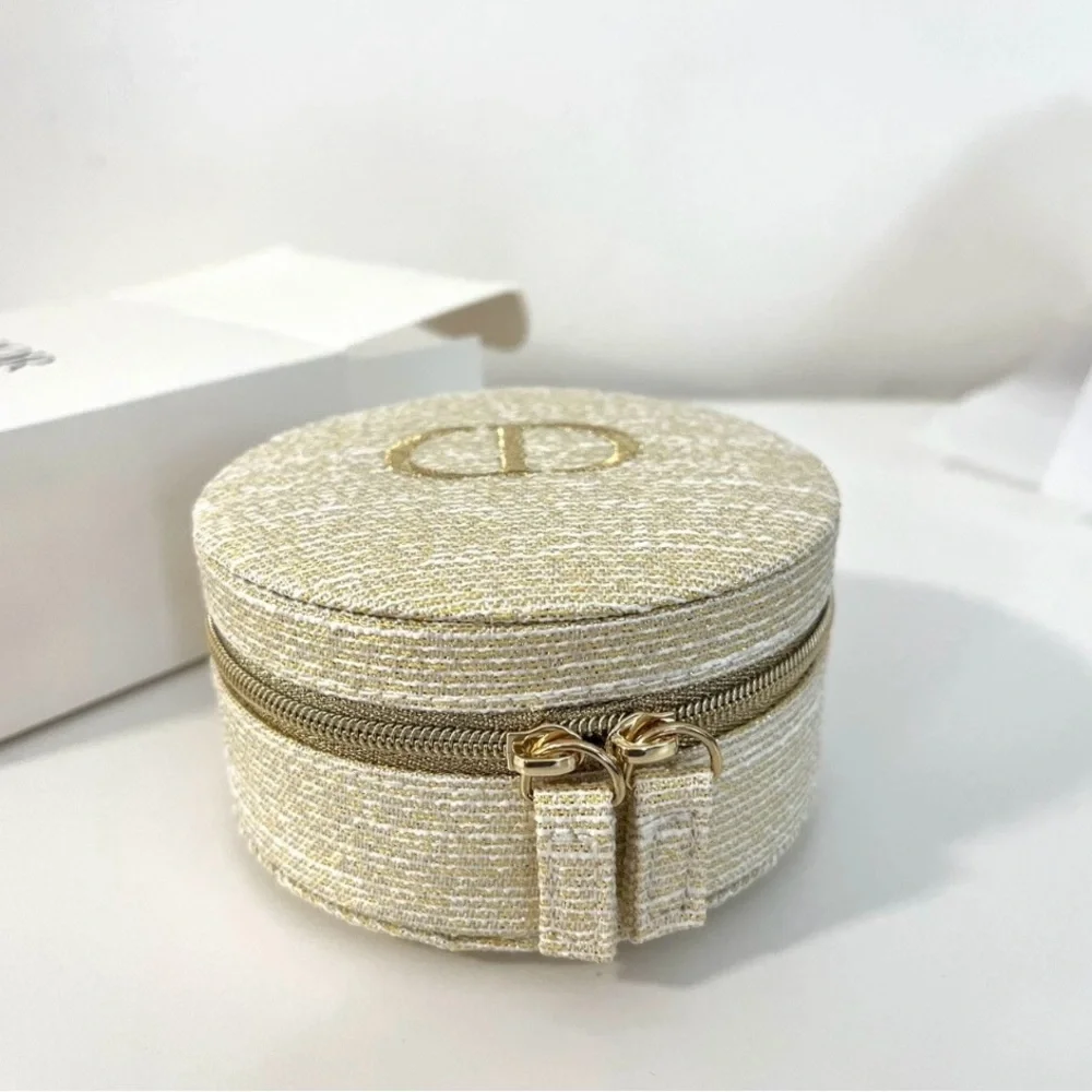 CHRISTIAN DIOR Gold Trousse Pouch Cosmetic Bag Jewelry Round Box New
